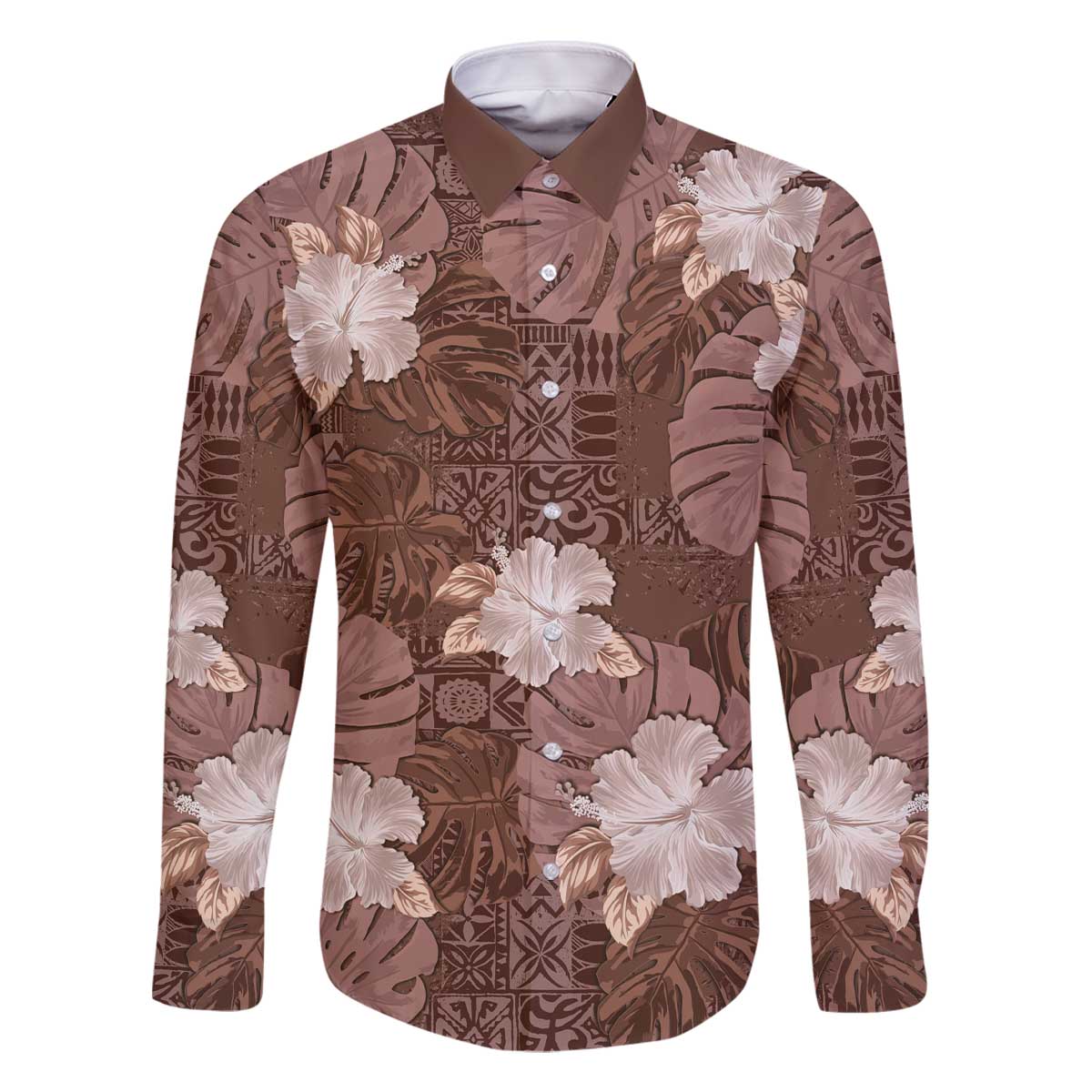 Hawaii Family Matching Off The Shoulder Long Sleeve Dress and Hawaiian Shirt Brown Polynesian Monstera Patterns DT05 Dad's Shirt - Long Sleeve Brown - Polynesian Pride