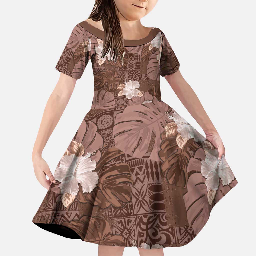 Hawaii Family Matching Short Sleeve Bodycon Dress and Hawaiian Shirt Brown Polynesian Monstera Patterns DT05 Daughter's Dress Brown - Polynesian Pride