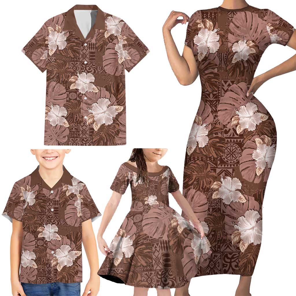 Hawaii Family Matching Short Sleeve Bodycon Dress and Hawaiian Shirt Brown Polynesian Monstera Patterns DT05 - Polynesian Pride