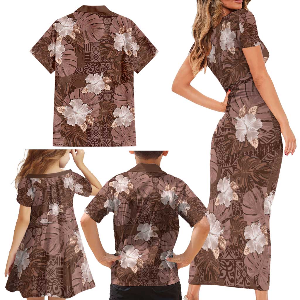 Hawaii Family Matching Short Sleeve Bodycon Dress and Hawaiian Shirt Brown Polynesian Monstera Patterns DT05 - Polynesian Pride