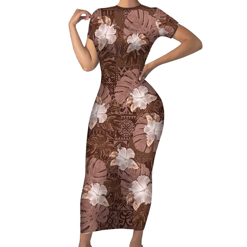 Hawaii Family Matching Short Sleeve Bodycon Dress and Hawaiian Shirt Brown Polynesian Monstera Patterns DT05 Mom's Dress Brown - Polynesian Pride