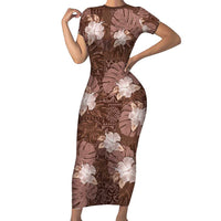 Hawaii Family Matching Short Sleeve Bodycon Dress and Hawaiian Shirt Brown Polynesian Monstera Patterns DT05 Mom's Dress Brown - Polynesian Pride