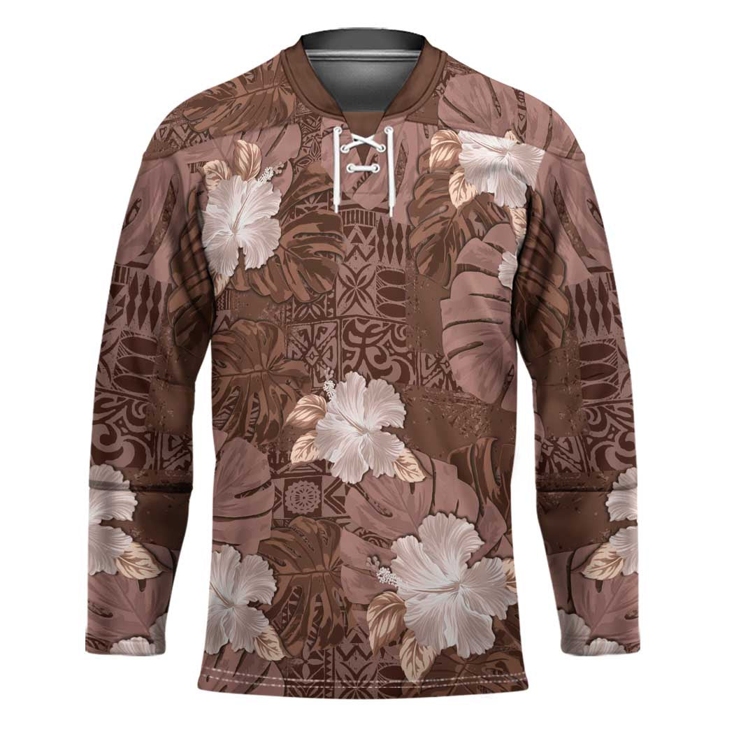 Hawaii Hockey Jersey Brown Polynesian Monstera Patterns - Polynesian Pride