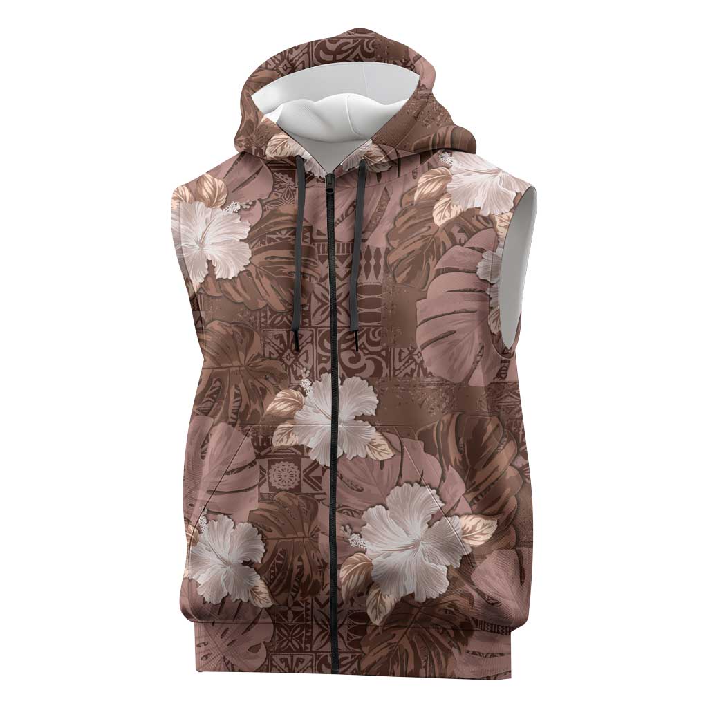 Hawaii Sleeveless Zip Hoodie Brown Polynesian Monstera Patterns DT05 Brown - Polynesian Pride