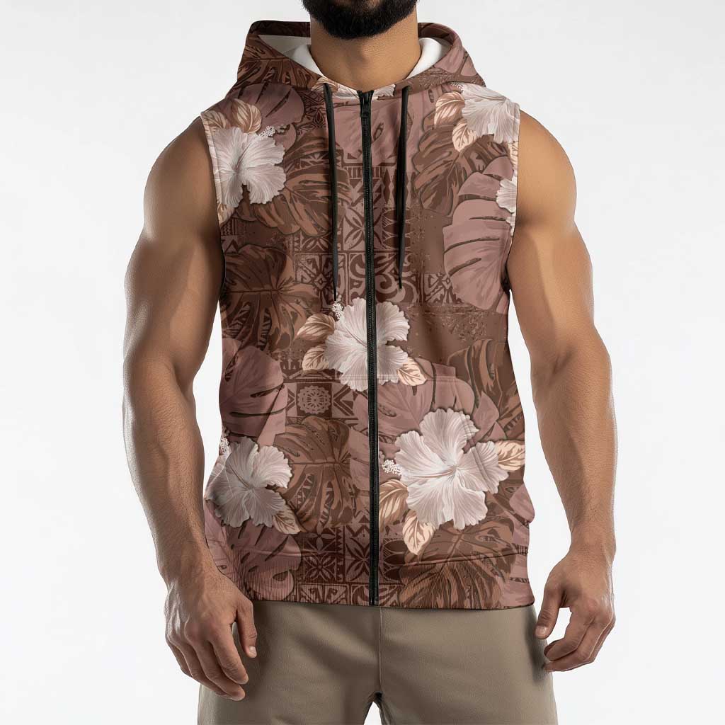 Hawaii Sleeveless Zip Hoodie Brown Polynesian Monstera Patterns DT05 - Polynesian Pride