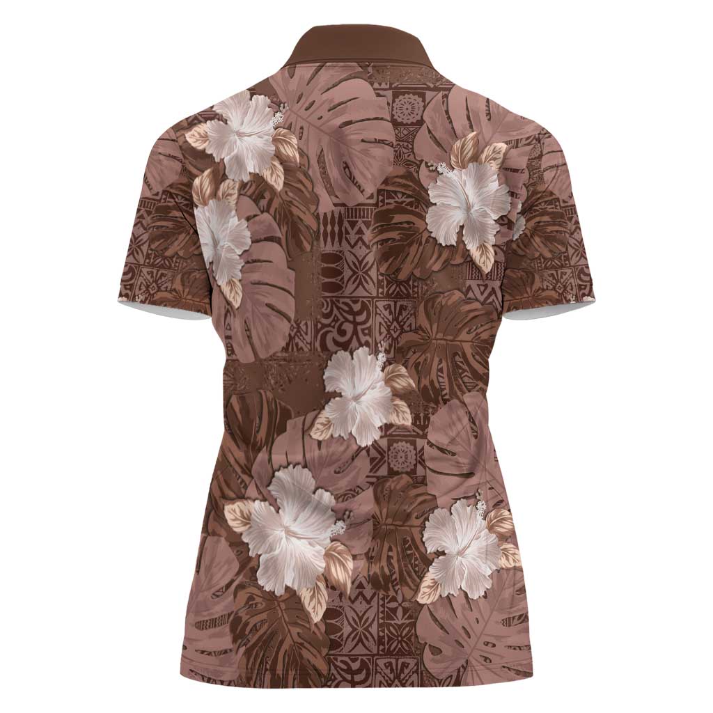 Hawaii Women Polo Shirt Brown Polynesian Monstera Patterns - Polynesian Pride