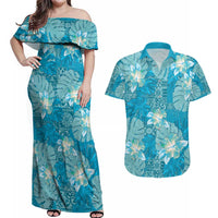 Hawaii Couples Matching Off Shoulder Maxi Dress and Hawaiian Shirt Teal Polynesian Monstera Patterns - Polynesian Pride