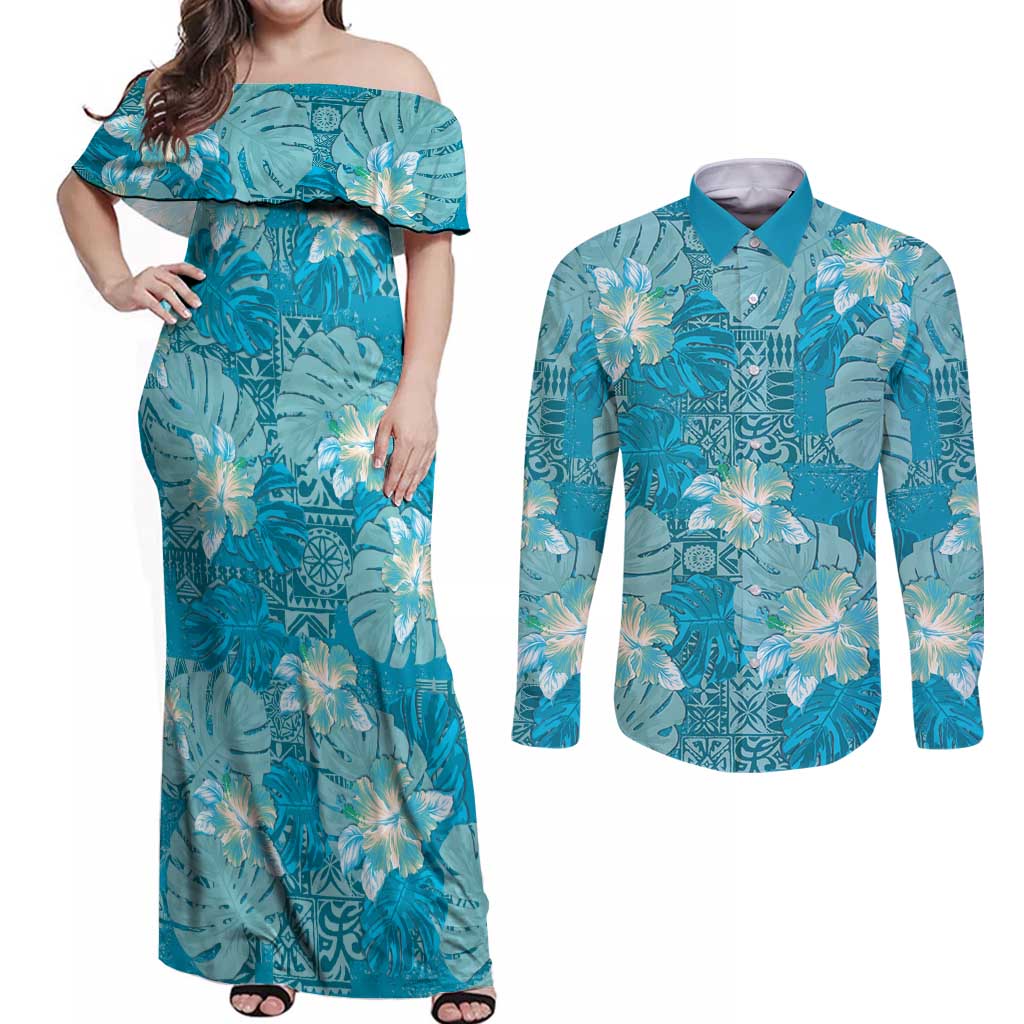 Hawaii Couples Matching Off Shoulder Maxi Dress and Long Sleeve Button Shirt Teal Polynesian Monstera Patterns - Polynesian Pride