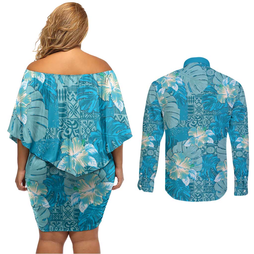 Hawaii Couples Matching Off Shoulder Short Dress and Long Sleeve Button Shirt Teal Polynesian Monstera Patterns - Polynesian Pride