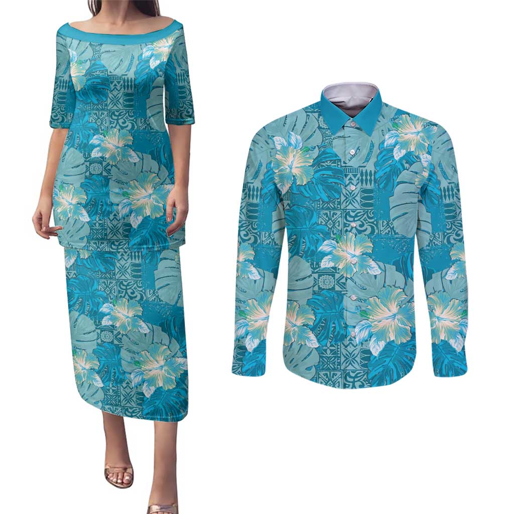 Hawaii Couples Matching Puletasi and Long Sleeve Button Shirt Teal Polynesian Monstera Patterns DT05 Teal - Polynesian Pride