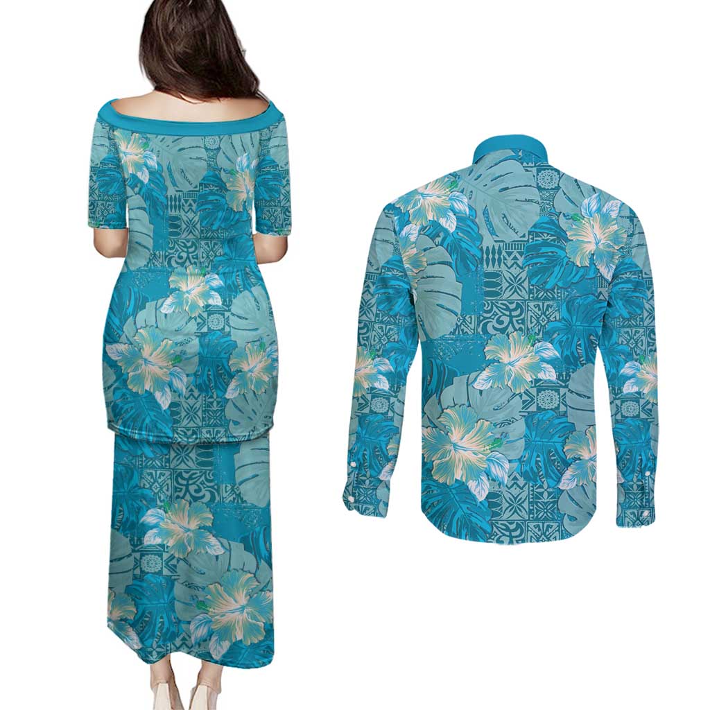 Hawaii Couples Matching Puletasi and Long Sleeve Button Shirt Teal Polynesian Monstera Patterns - Polynesian Pride
