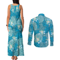 Hawaii Couples Matching Tank Maxi Dress and Long Sleeve Button Shirt Teal Polynesian Monstera Patterns - Polynesian Pride