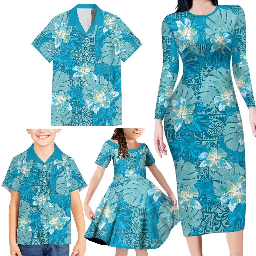 Hawaii Family Matching Long Sleeve Bodycon Dress and Hawaiian Shirt Teal Polynesian Monstera Patterns DT05 - Polynesian Pride