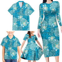 Hawaii Family Matching Long Sleeve Bodycon Dress and Hawaiian Shirt Teal Polynesian Monstera Patterns DT05 - Polynesian Pride