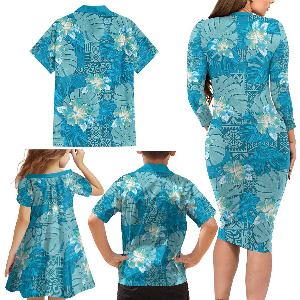 Hawaii Family Matching Long Sleeve Bodycon Dress and Hawaiian Shirt Teal Polynesian Monstera Patterns DT05 - Polynesian Pride