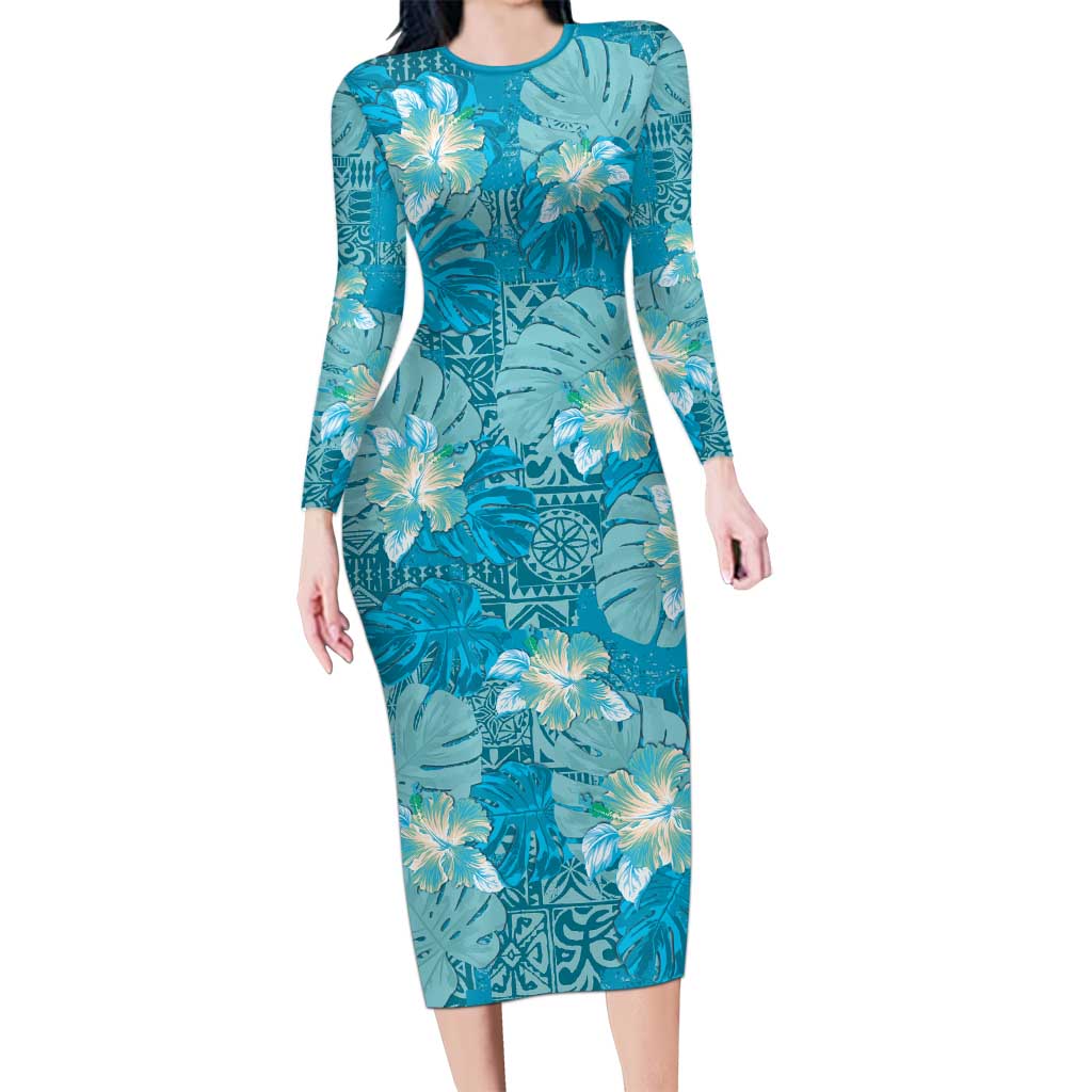 Hawaii Family Matching Long Sleeve Bodycon Dress and Hawaiian Shirt Teal Polynesian Monstera Patterns DT05 Mom's Dress Teal - Polynesian Pride