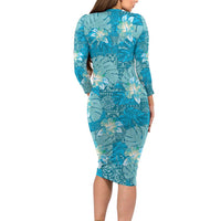 Hawaii Family Matching Long Sleeve Bodycon Dress and Hawaiian Shirt Teal Polynesian Monstera Patterns DT05 - Polynesian Pride