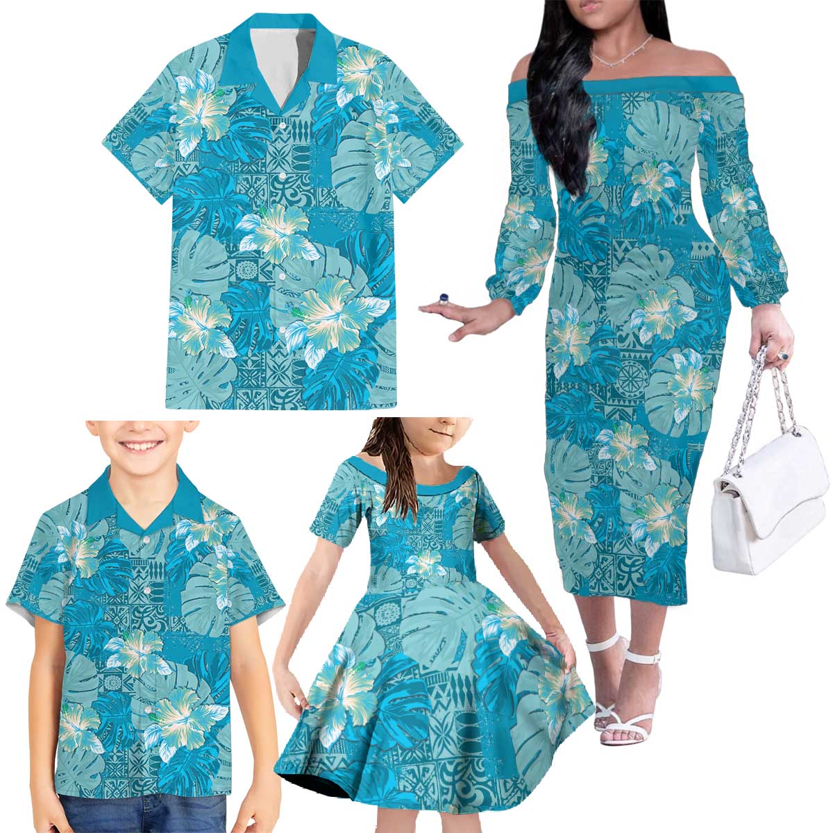 Hawaii Family Matching Off The Shoulder Long Sleeve Dress and Hawaiian Shirt Teal Polynesian Monstera Patterns - Polynesian Pride