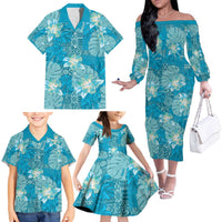 Hawaii Family Matching Off The Shoulder Long Sleeve Dress and Hawaiian Shirt Teal Polynesian Monstera Patterns DT05 - Polynesian Pride