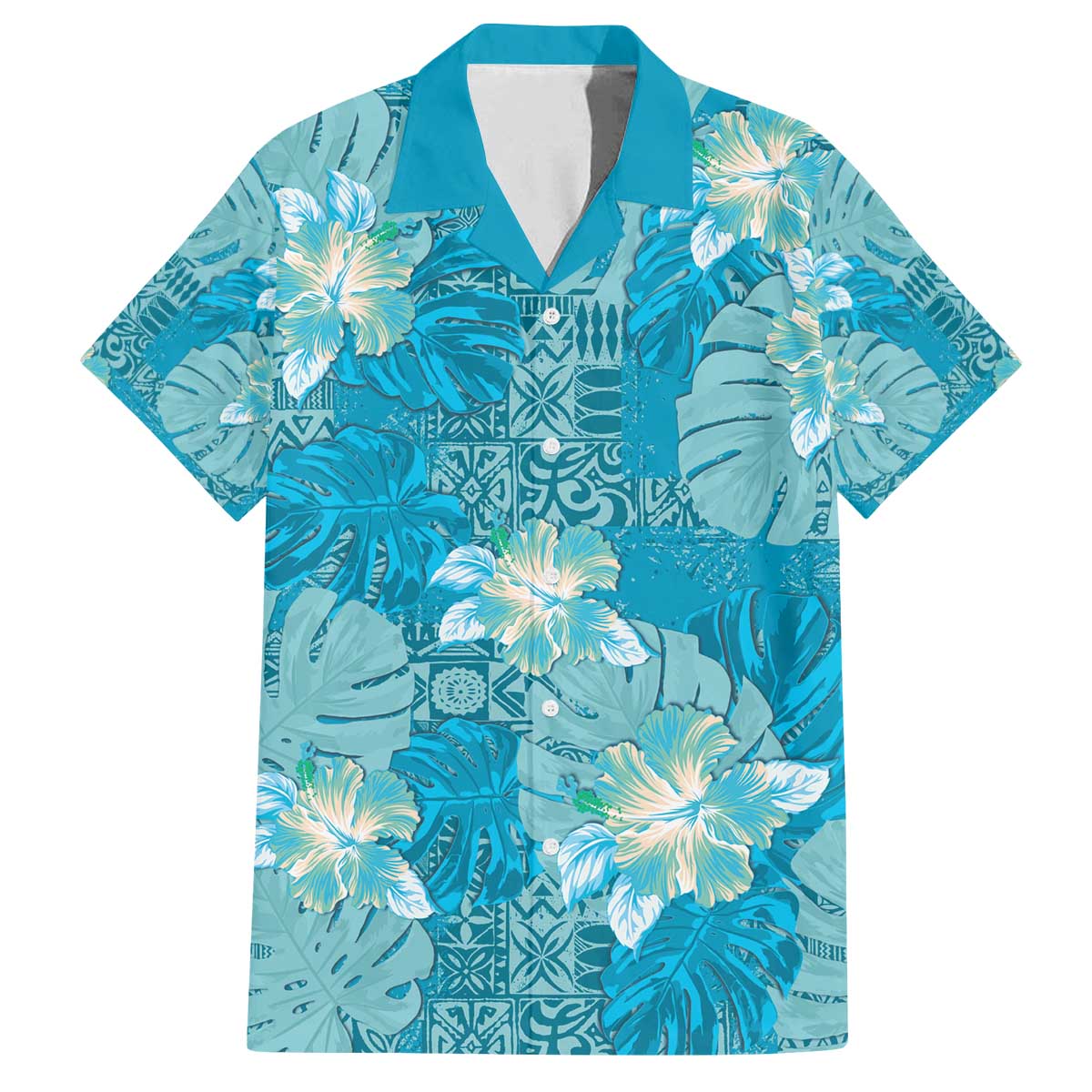 Hawaii Family Matching Off The Shoulder Long Sleeve Dress and Hawaiian Shirt Teal Polynesian Monstera Patterns DT05 Dad's Shirt - Short Sleeve Teal - Polynesian Pride