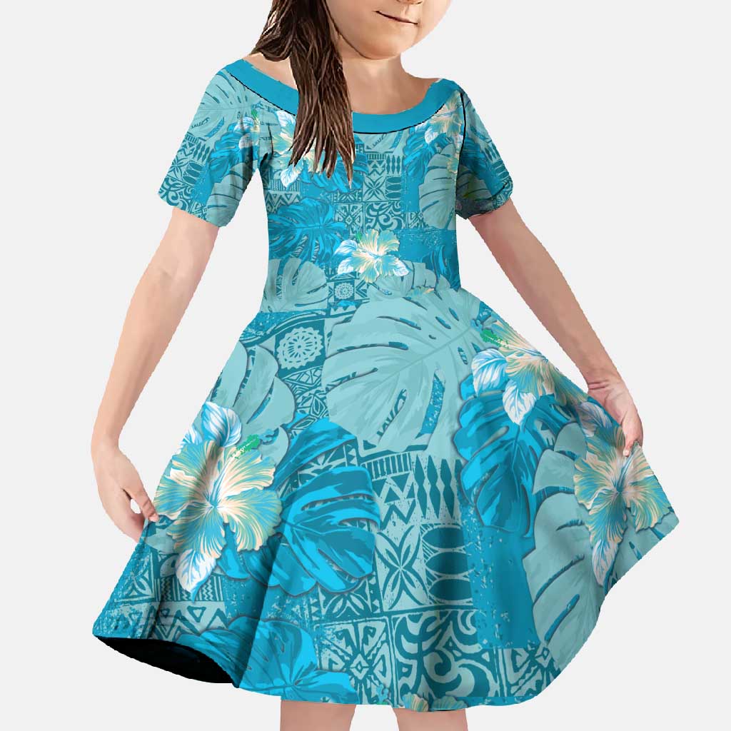 Hawaii Family Matching Short Sleeve Bodycon Dress and Hawaiian Shirt Teal Polynesian Monstera Patterns DT05 Daughter's Dress Teal - Polynesian Pride