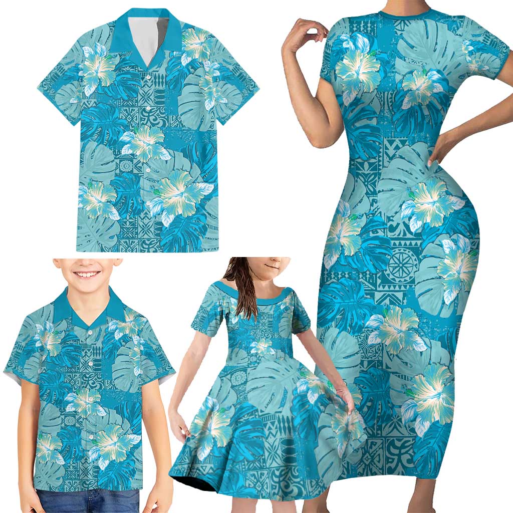 Hawaii Family Matching Short Sleeve Bodycon Dress and Hawaiian Shirt Teal Polynesian Monstera Patterns DT05 - Polynesian Pride