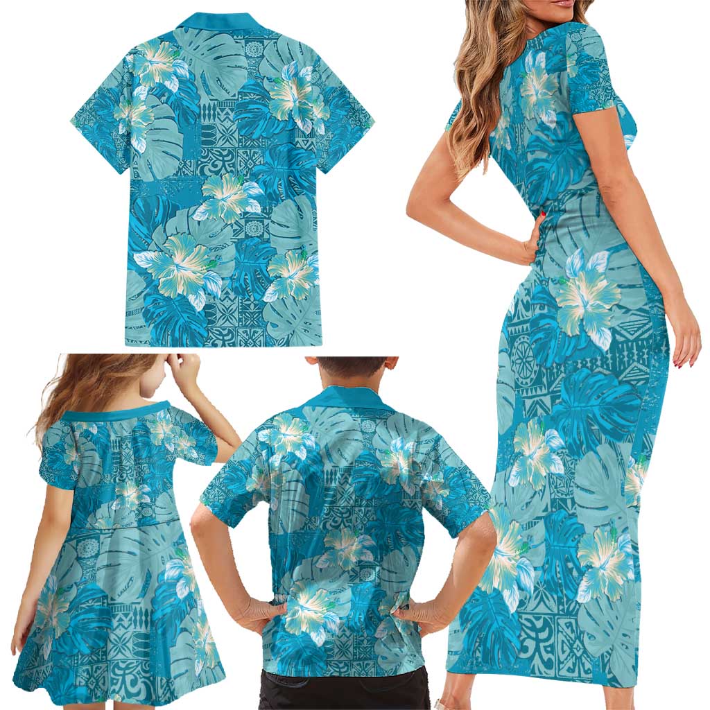 Hawaii Family Matching Short Sleeve Bodycon Dress and Hawaiian Shirt Teal Polynesian Monstera Patterns DT05 - Polynesian Pride