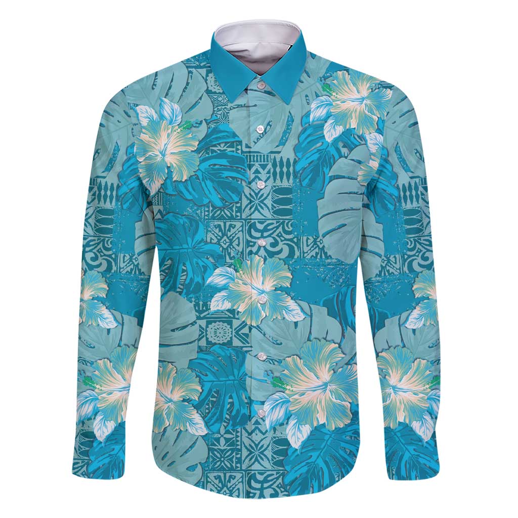 Hawaii Family Matching Short Sleeve Bodycon Dress and Hawaiian Shirt Teal Polynesian Monstera Patterns DT05 Dad's Shirt - Long Sleeve Teal - Polynesian Pride
