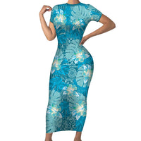 Hawaii Family Matching Short Sleeve Bodycon Dress and Hawaiian Shirt Teal Polynesian Monstera Patterns DT05 Mom's Dress Teal - Polynesian Pride
