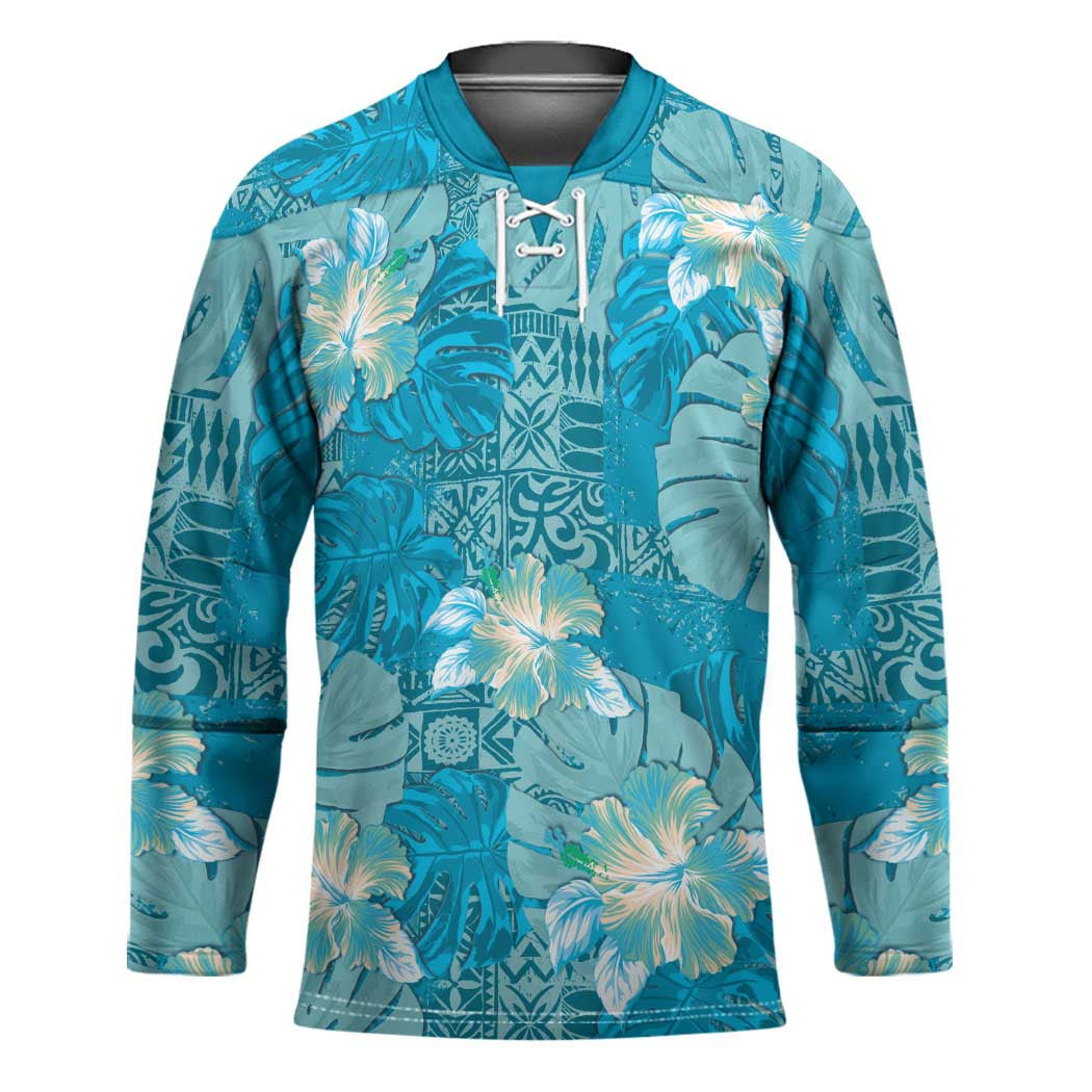 Hawaii Hockey Jersey Teal Polynesian Monstera Patterns - Polynesian Pride