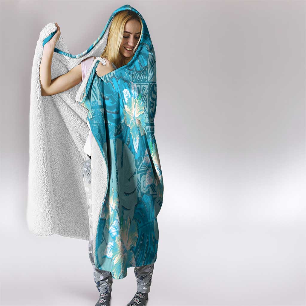 Hawaii Hooded Blanket Teal Polynesian Monstera Patterns - Polynesian Pride
