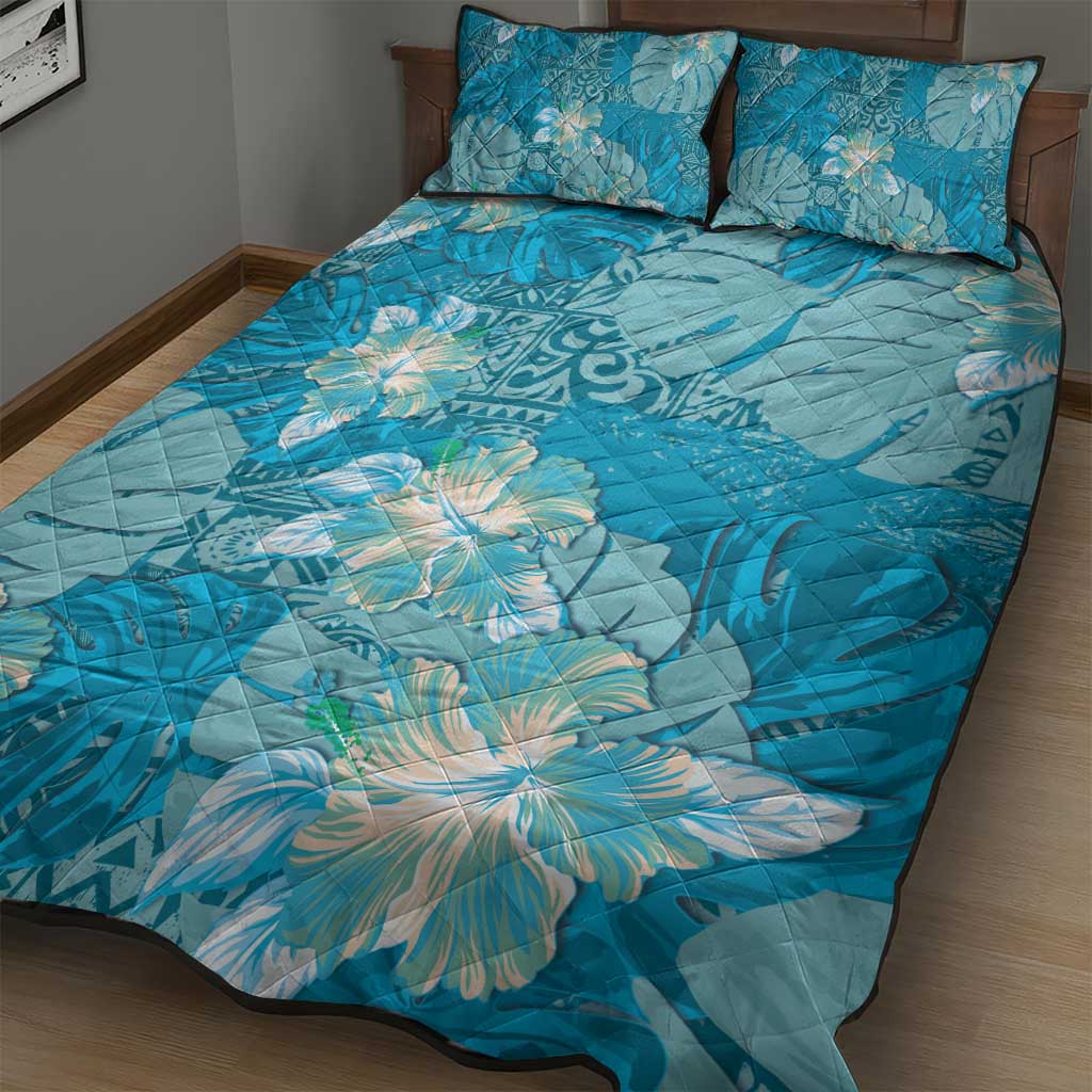 Hawaii Quilt Bed Set Teal Polynesian Monstera Patterns - Polynesian Pride
