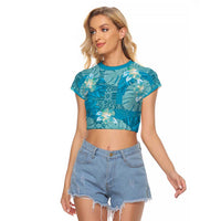Hawaii Raglan Cropped T Shirt Teal Polynesian Monstera Patterns - Polynesian Pride