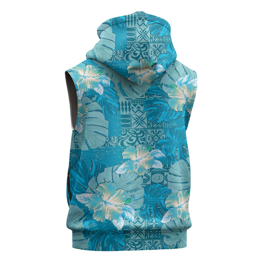 Hawaii Sleeveless Zip Hoodie Teal Polynesian Monstera Patterns DT05 - Polynesian Pride