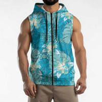 Hawaii Sleeveless Zip Hoodie Teal Polynesian Monstera Patterns DT05 - Polynesian Pride