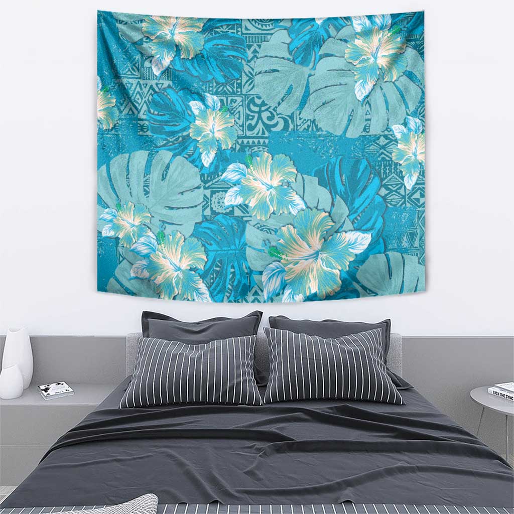 Hawaii Tapestry Teal Polynesian Monstera Patterns - Polynesian Pride