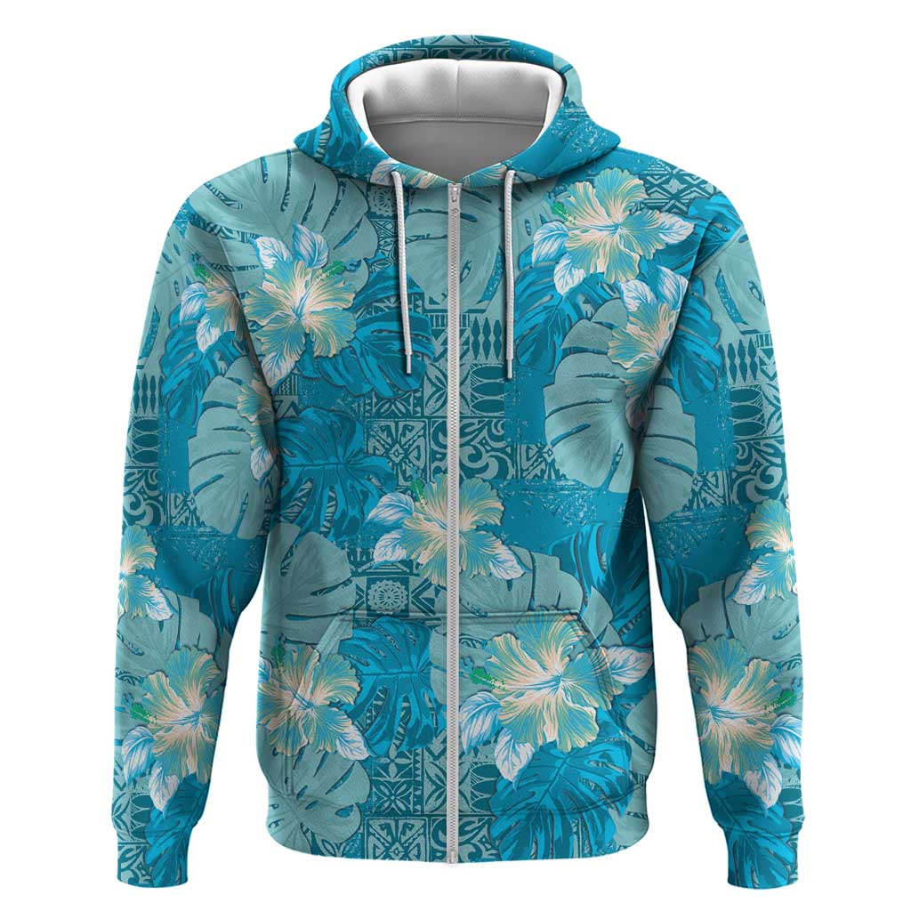 Hawaii Zip Hoodie Teal Polynesian Monstera Patterns DT05 Zip Hoodie Teal - Polynesian Pride