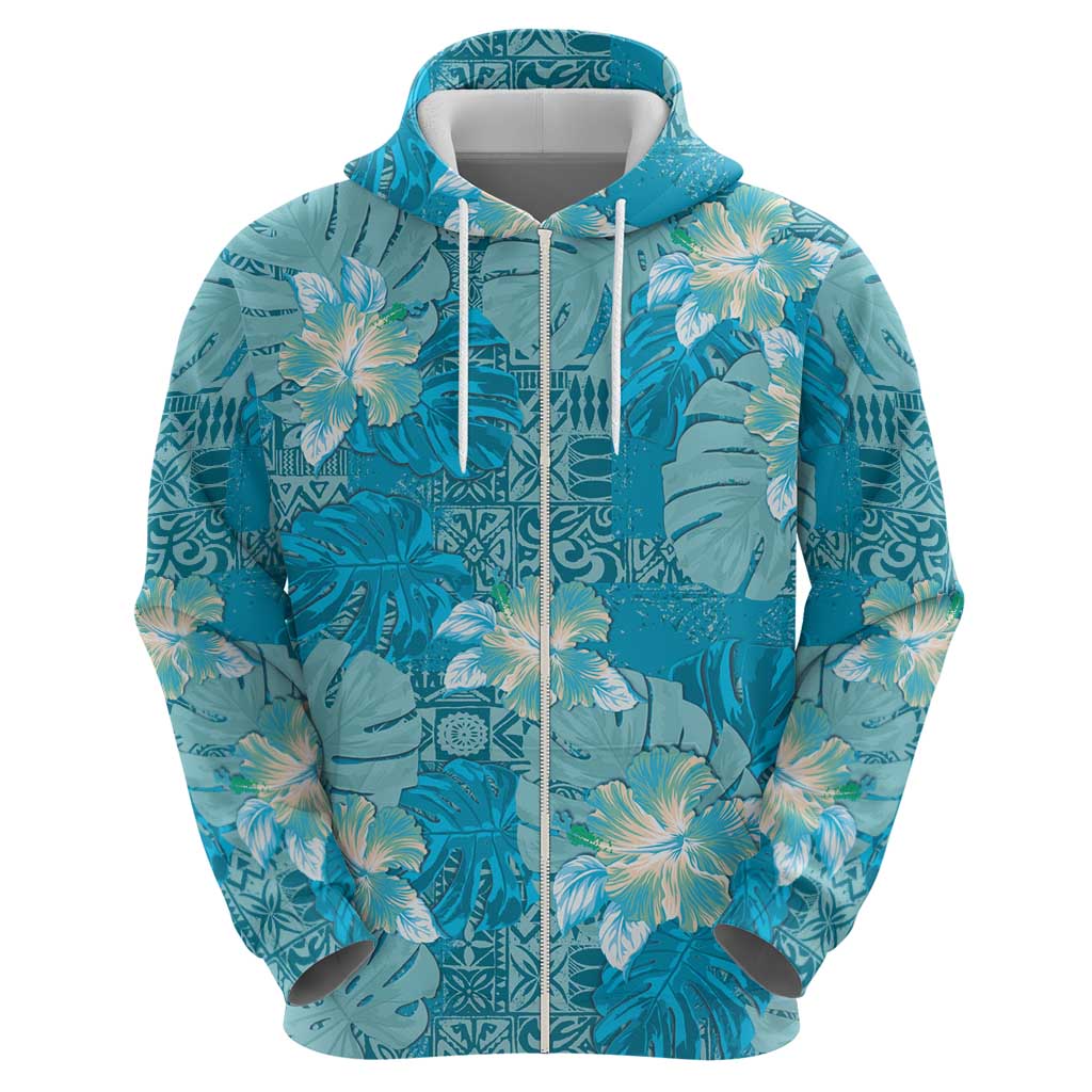Hawaii Zip Hoodie Teal Polynesian Monstera Patterns DT05 - Polynesian Pride
