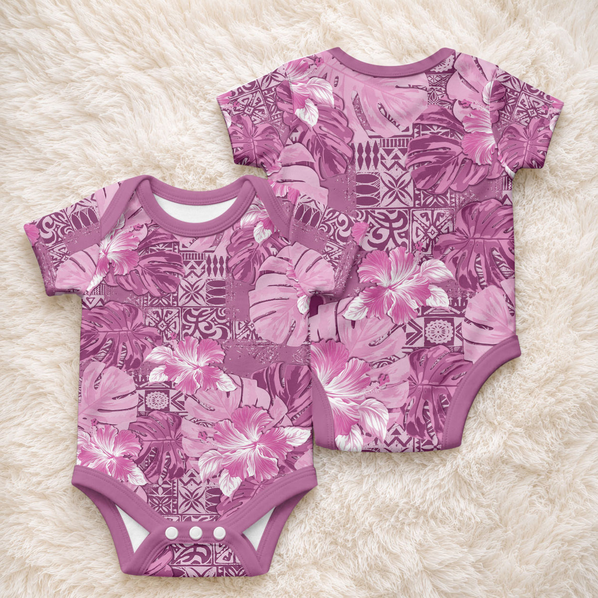 Hawaii Baby Onesie Magenta Polynesian Monstera Patterns