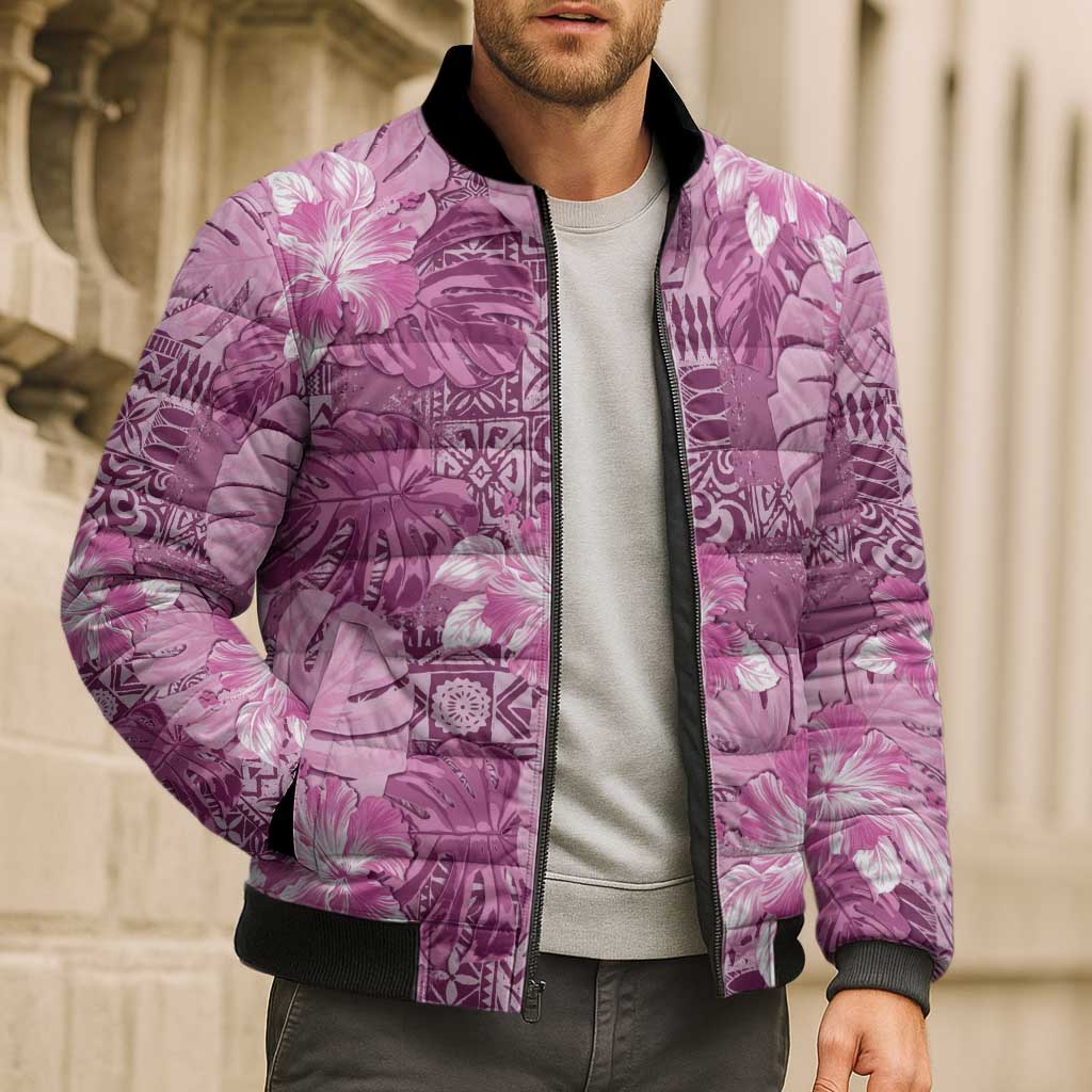 Hawaii Bomber Puffer Jacket Magenta Polynesian Monstera Patterns - Polynesian Pride