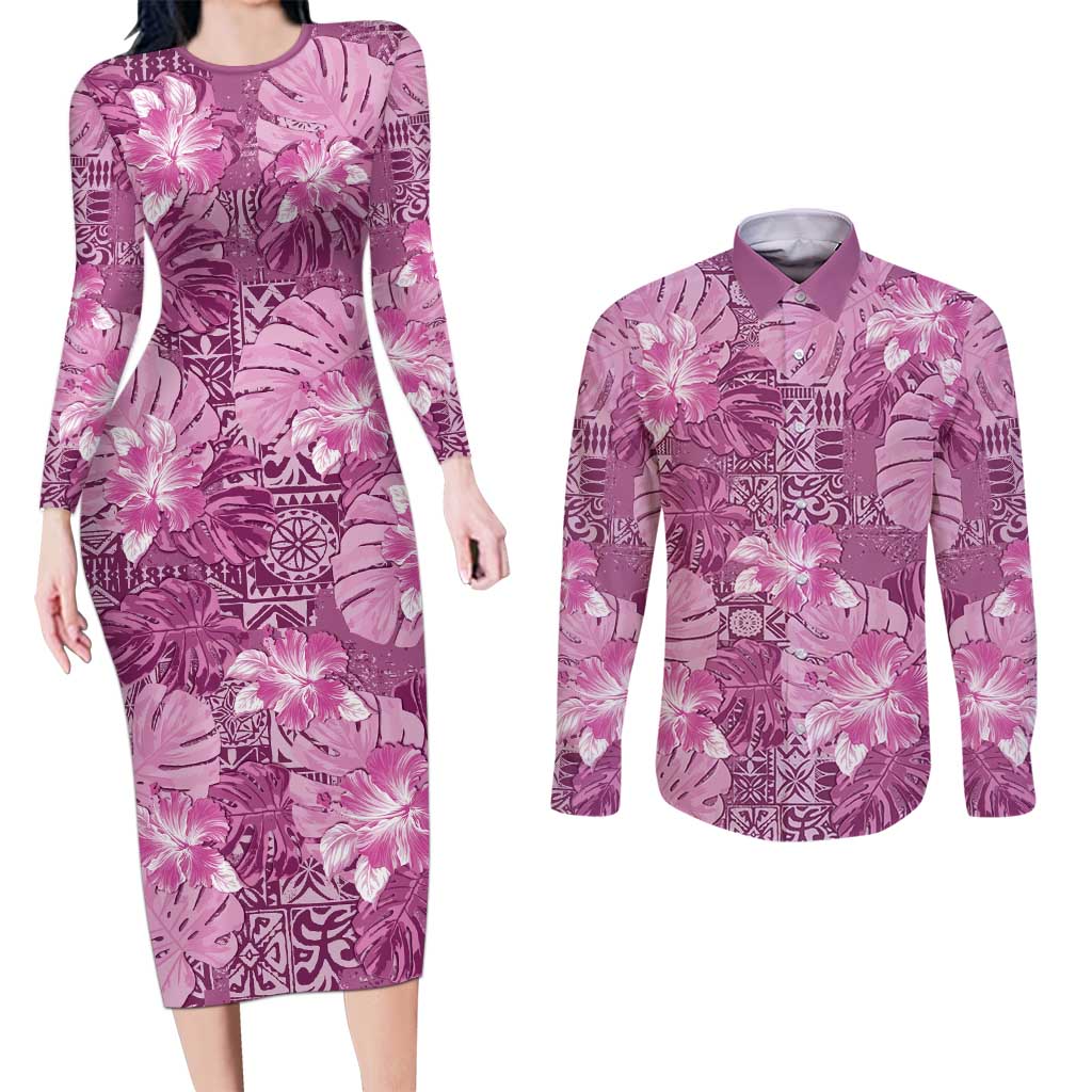 Hawaii Couples Matching Long Sleeve Bodycon Dress and Long Sleeve Button Shirt Magenta Polynesian Monstera Patterns - Polynesian Pride