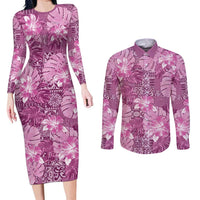 Hawaii Couples Matching Long Sleeve Bodycon Dress and Long Sleeve Button Shirt Magenta Polynesian Monstera Patterns - Polynesian Pride