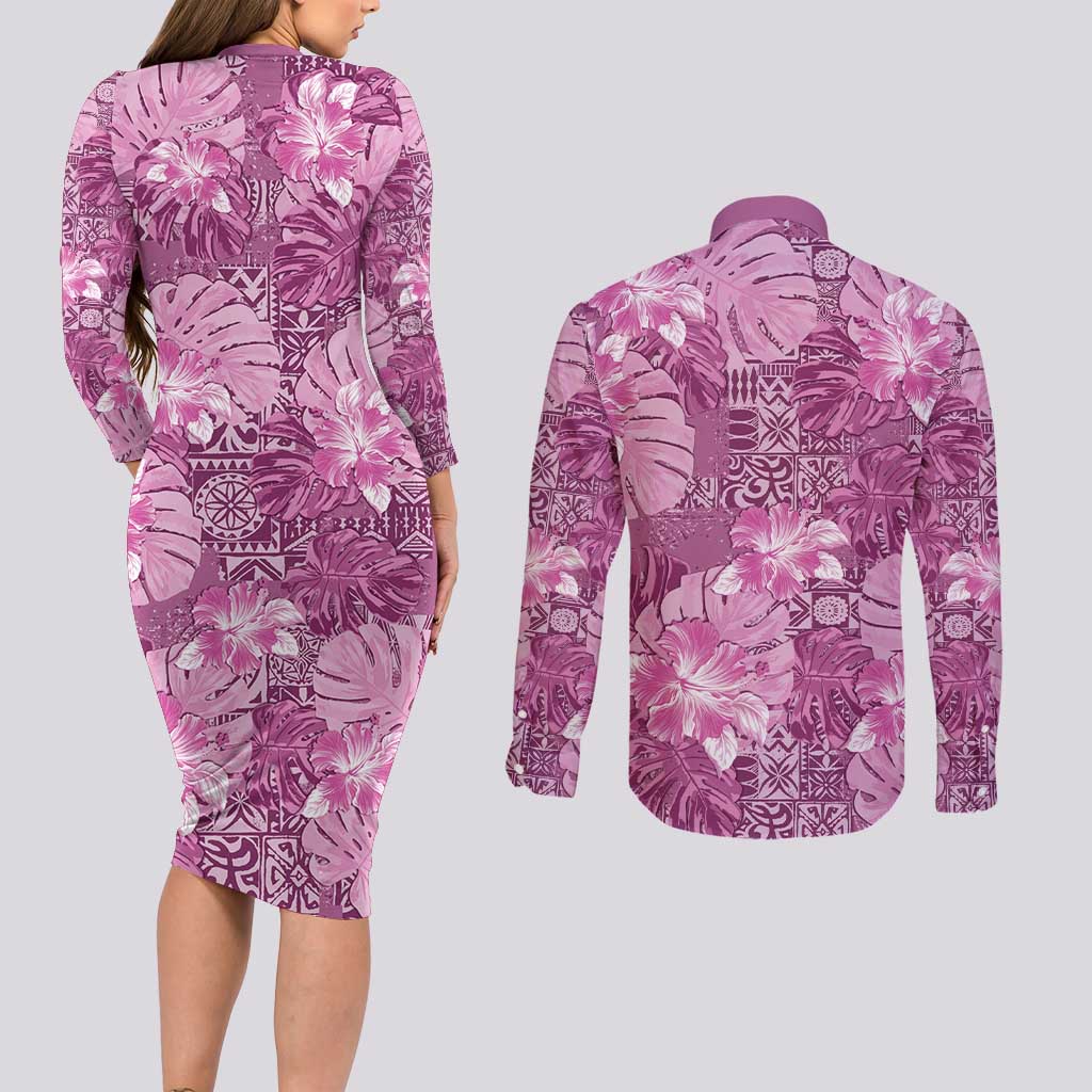 Hawaii Couples Matching Long Sleeve Bodycon Dress and Long Sleeve Button Shirt Magenta Polynesian Monstera Patterns - Polynesian Pride