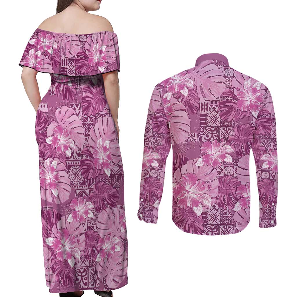 Hawaii Couples Matching Off Shoulder Maxi Dress and Long Sleeve Button Shirt Magenta Polynesian Monstera Patterns - Polynesian Pride