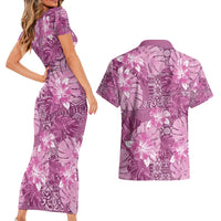 Hawaii Couples Matching Short Sleeve Bodycon Dress and Hawaiian Shirt Magenta Polynesian Monstera Patterns - Polynesian Pride