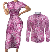 Hawaii Couples Matching Short Sleeve Bodycon Dress and Long Sleeve Button Shirt Magenta Polynesian Monstera Patterns - Polynesian Pride