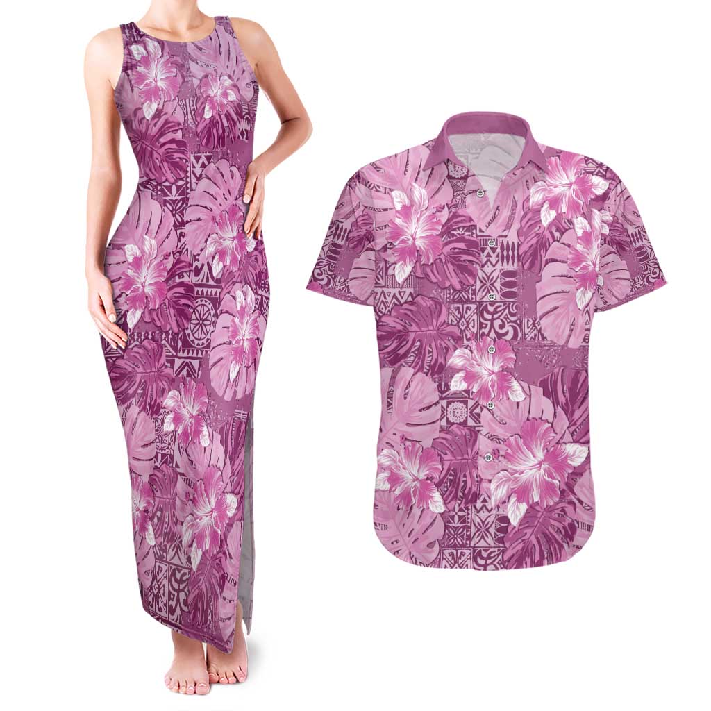 Hawaii Couples Matching Tank Maxi Dress and Hawaiian Shirt Magenta Polynesian Monstera Patterns - Polynesian Pride