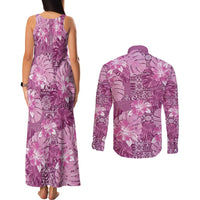 Hawaii Couples Matching Tank Maxi Dress and Long Sleeve Button Shirt Magenta Polynesian Monstera Patterns - Polynesian Pride
