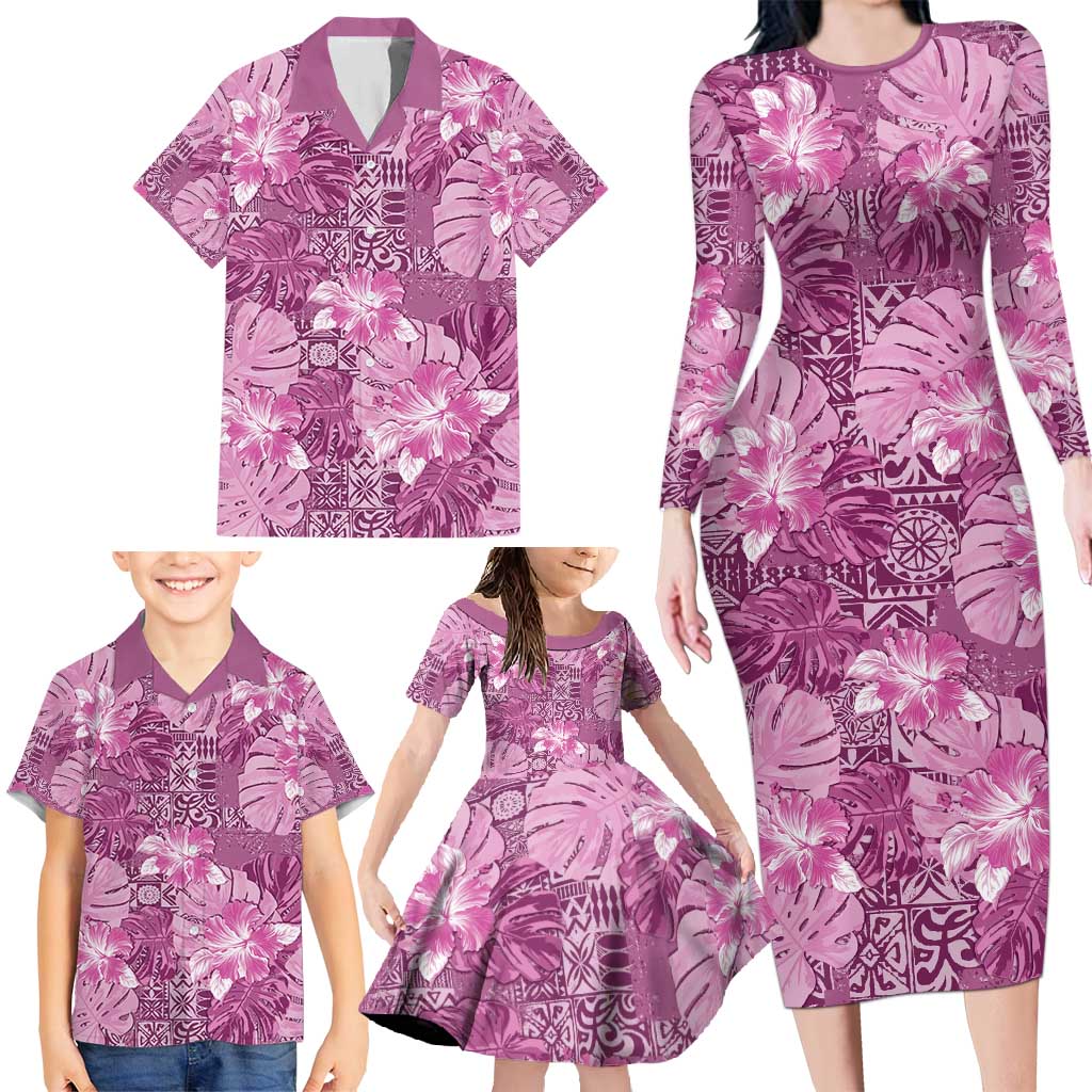 Hawaii Family Matching Long Sleeve Bodycon Dress and Hawaiian Shirt Magenta Polynesian Monstera Patterns DT05 - Polynesian Pride