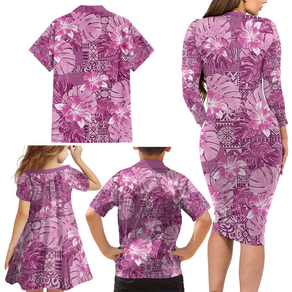 Hawaii Family Matching Long Sleeve Bodycon Dress and Hawaiian Shirt Magenta Polynesian Monstera Patterns DT05 - Polynesian Pride